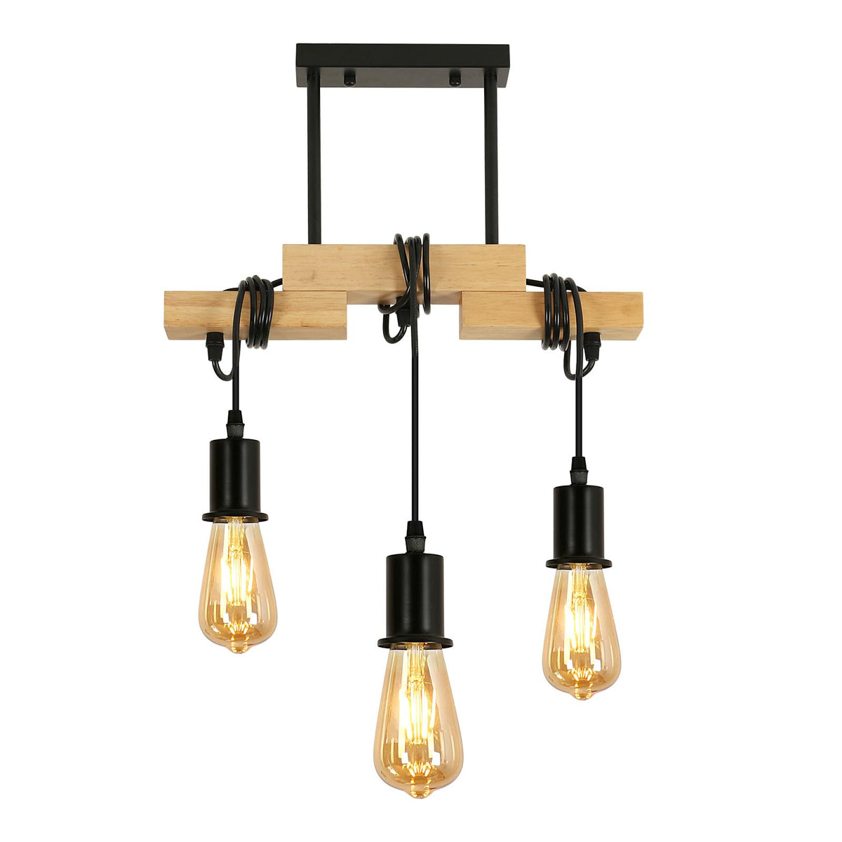 Suspension Bois Industriel 4 Lumières E27 Réglable