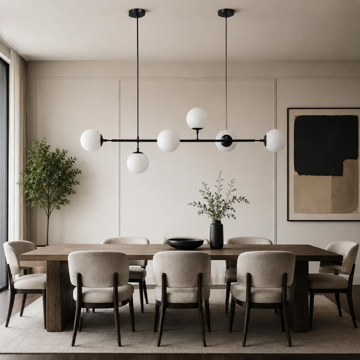 KCO Lighting Lustre doré moderne linéaire à 6 lumières pour îlot de cuisine, hauteur réglable en forme de globe en verre gris fumé