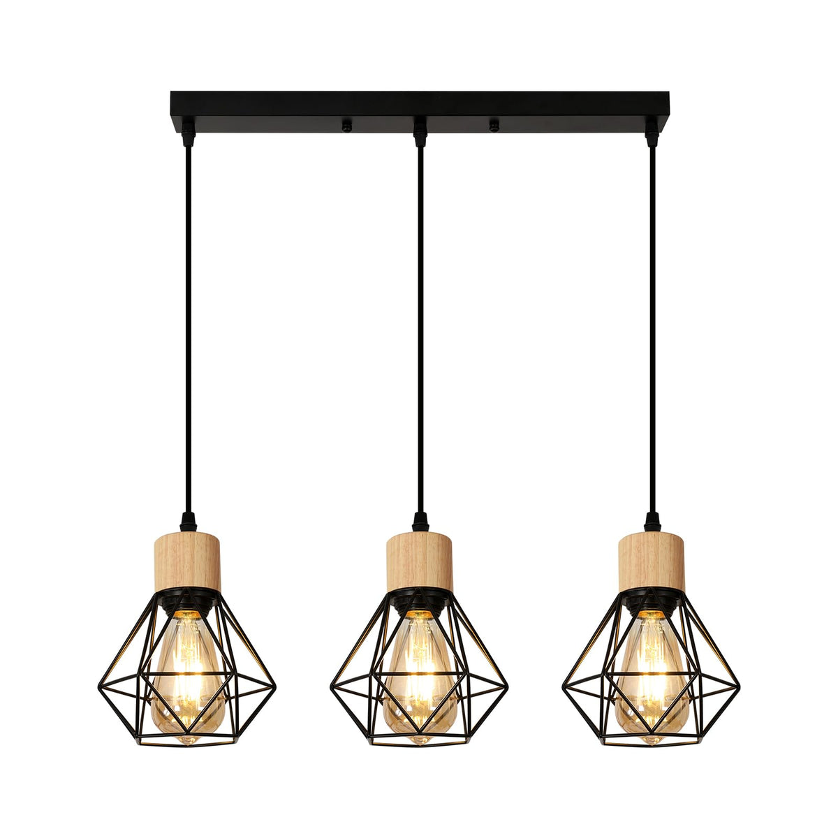 Suspension Bois Industriel 4 Lumières E27 Réglable
