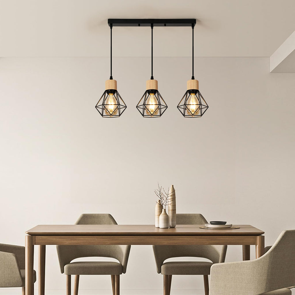 Suspension Bois Industriel 4 Lumières E27 Réglable