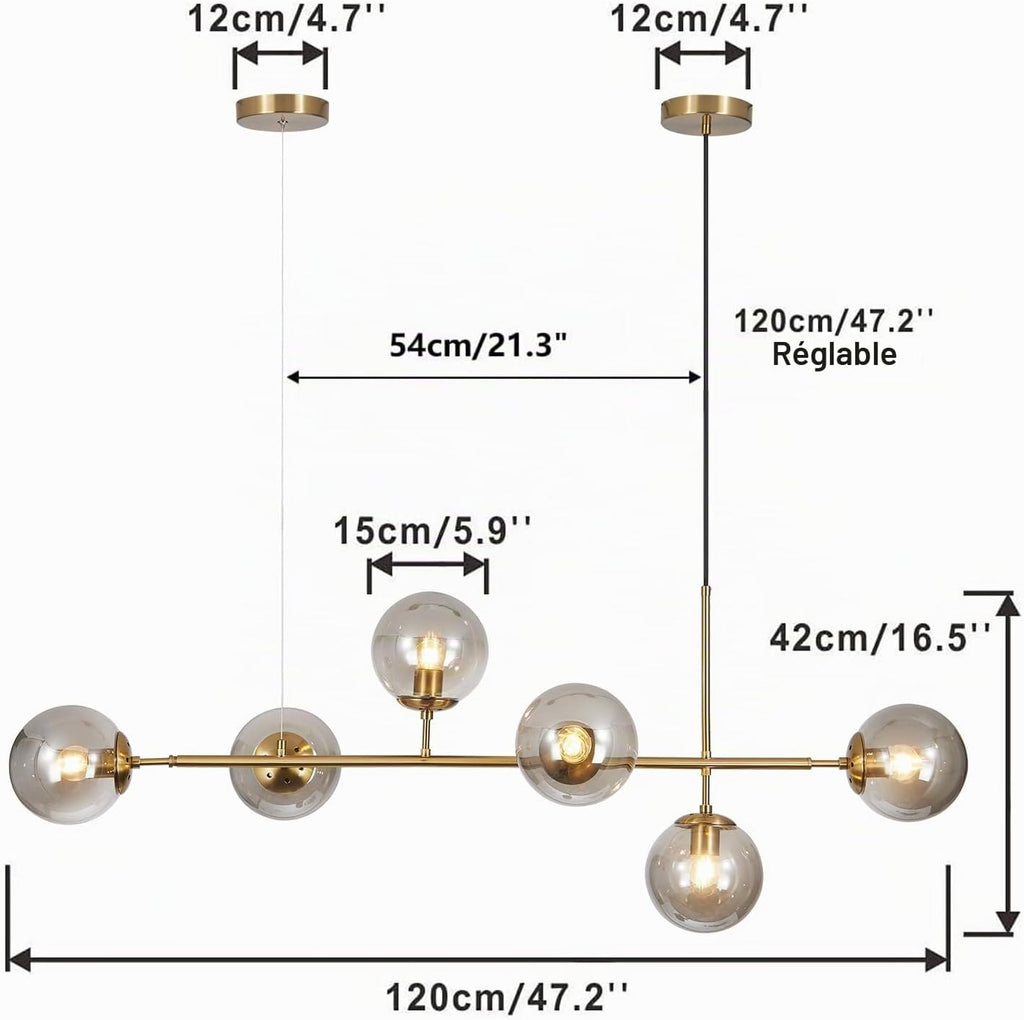 KCO Lighting Lustre doré moderne linéaire à 6 lumières pour îlot de cuisine, hauteur réglable en forme de globe en verre gris fumé