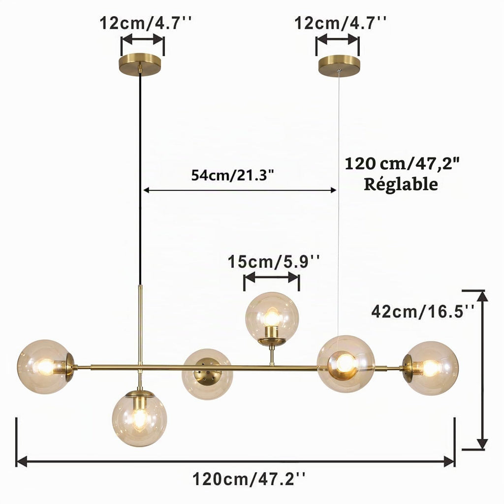 KCO Lighting Lustre doré moderne linéaire à 6 lumières pour îlot de cuisine, hauteur réglable en forme de globe en verre gris fumé