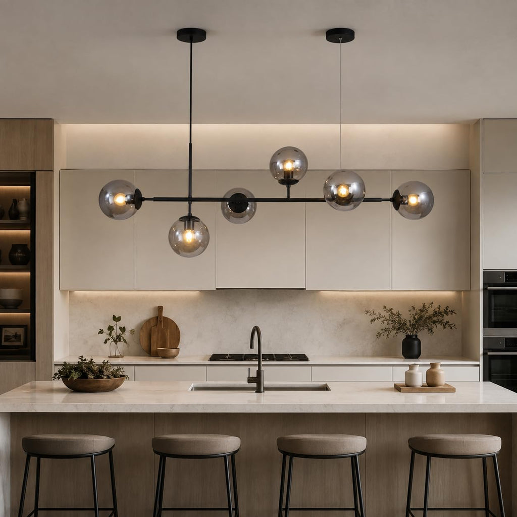 KCO Lighting Lustre doré moderne linéaire à 6 lumières pour îlot de cuisine, hauteur réglable en forme de globe en verre gris fumé