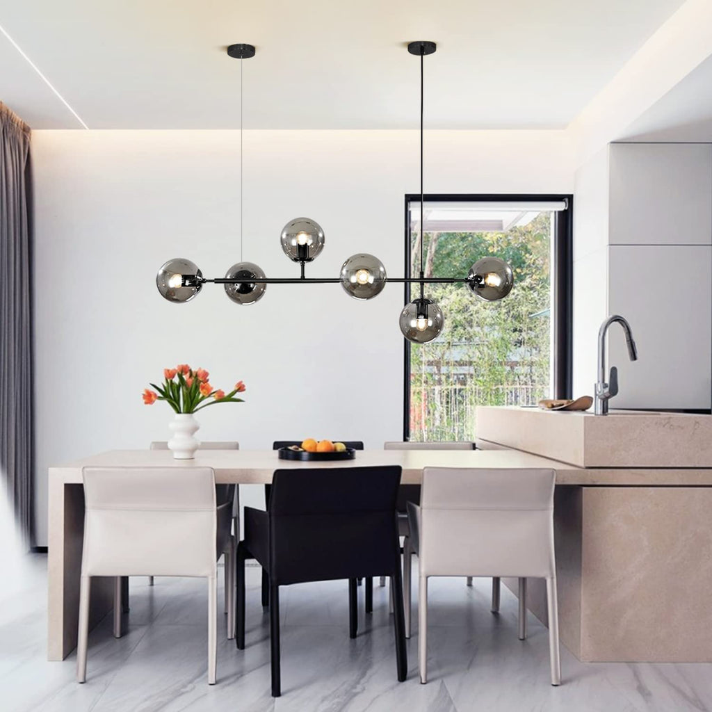 KCO Lighting Lustre doré moderne linéaire à 6 lumières pour îlot de cuisine, hauteur réglable en forme de globe en verre gris fumé