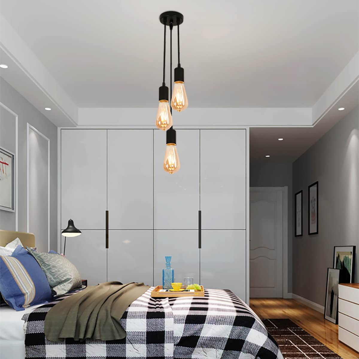 Suspension Bois Industriel 4 Lumières E27 Réglable