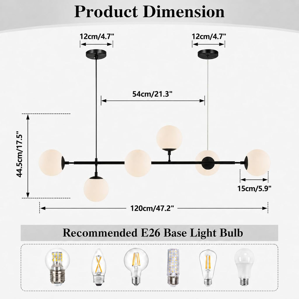 KCO Lighting Lustre doré moderne linéaire à 6 lumières pour îlot de cuisine, hauteur réglable en forme de globe en verre gris fumé