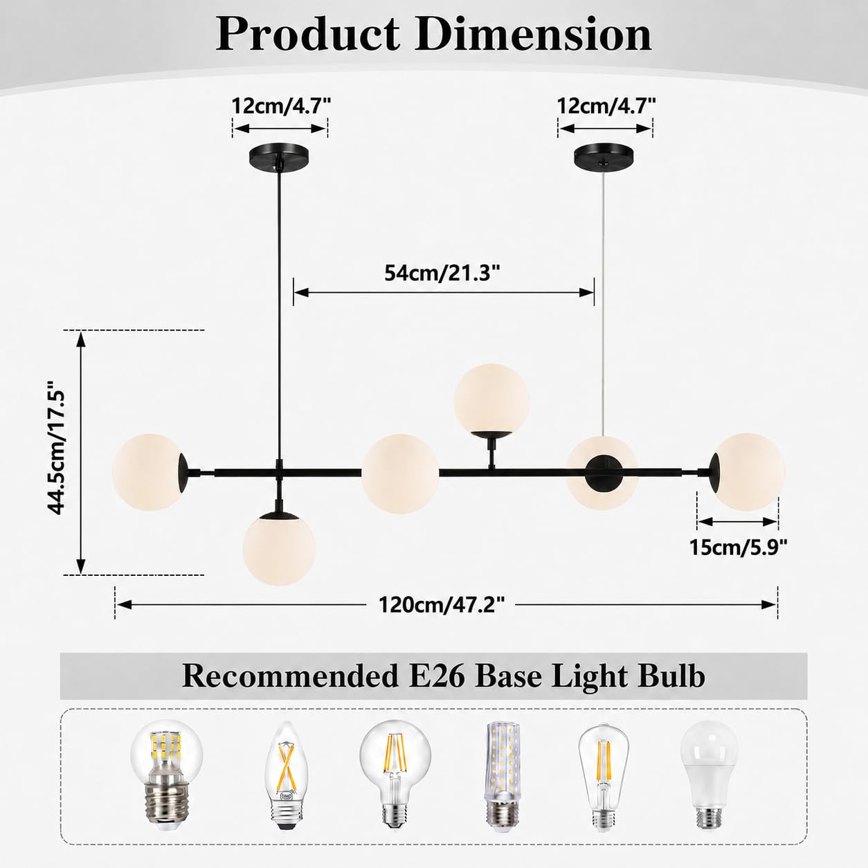 KCO Lighting Lustre doré moderne linéaire à 6 lumières pour îlot de cuisine, hauteur réglable en forme de globe en verre gris fumé