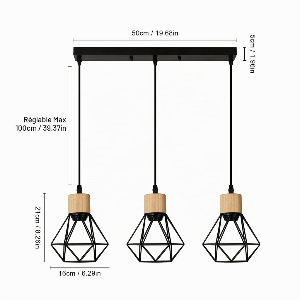 Suspension Bois Industriel 4 Lumières E27 Réglable