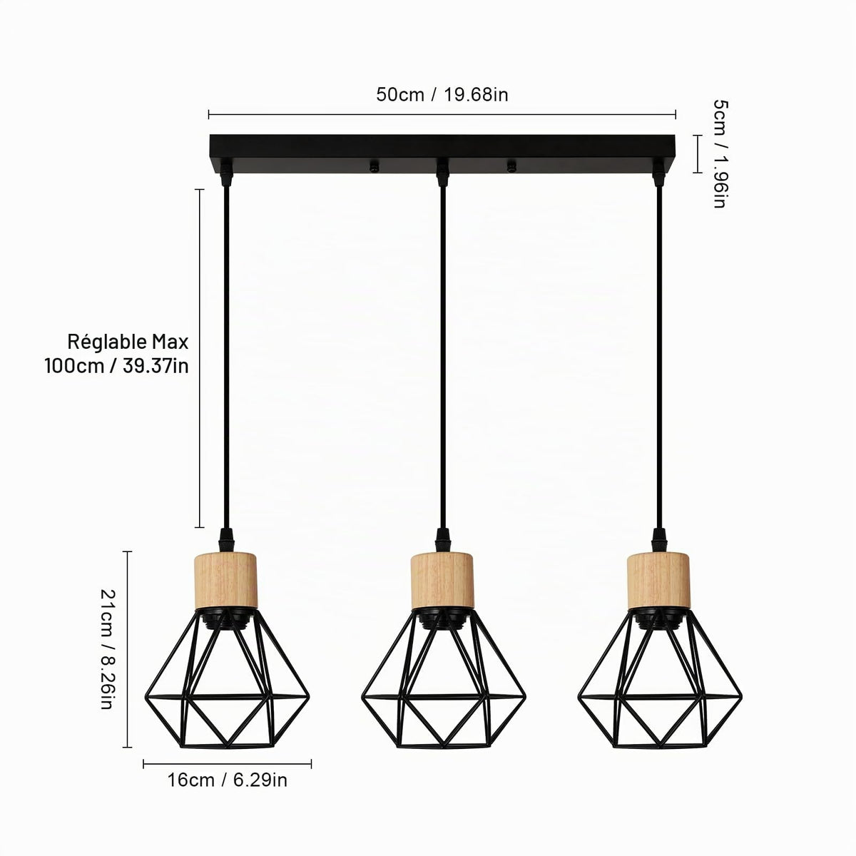 Suspension Bois Industriel 4 Lumières E27 Réglable