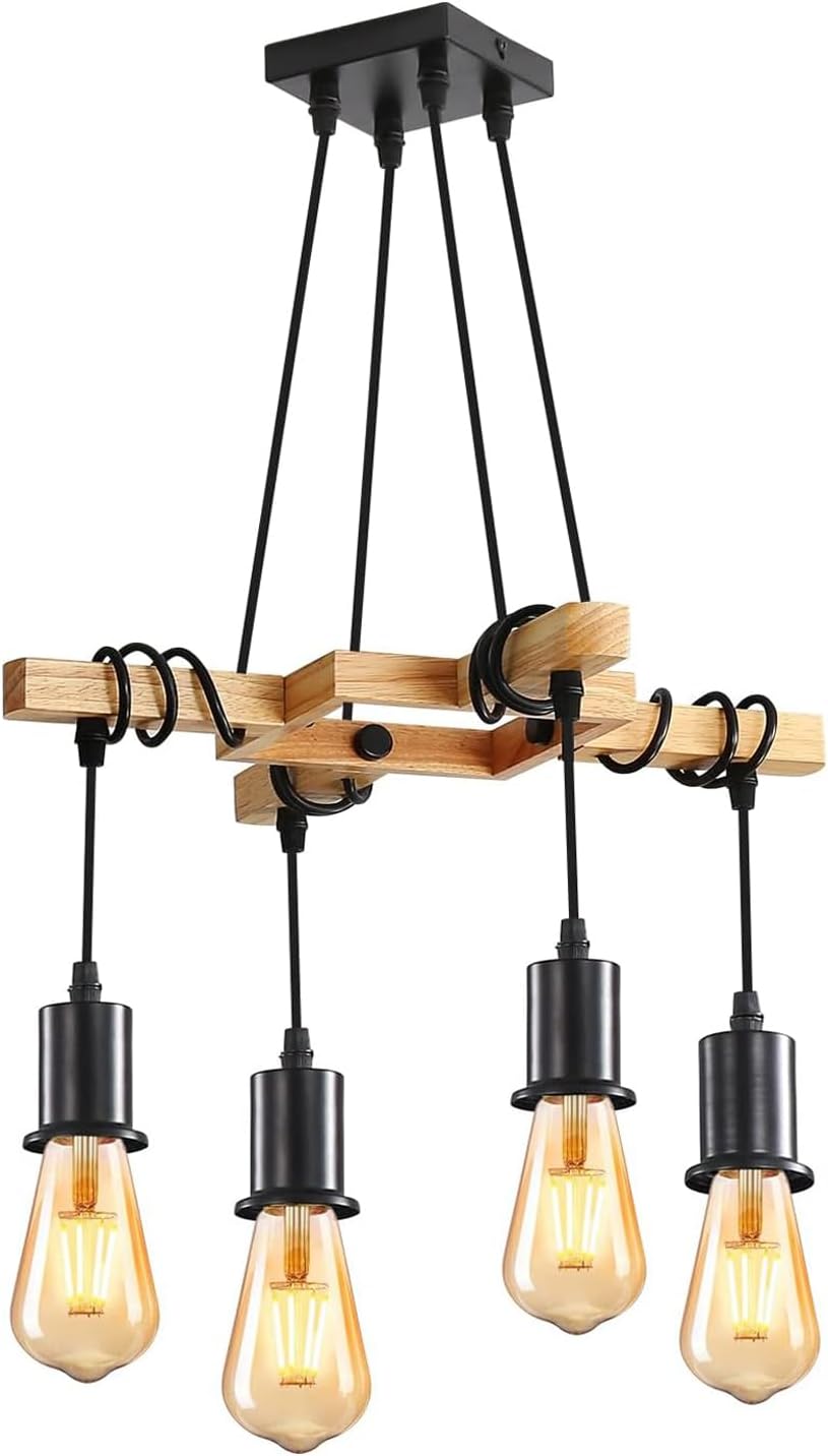 Suspension Bois Industriel 4 Lumières E27 Réglable