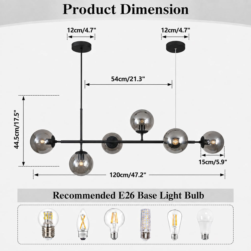 KCO Lighting Lustre doré moderne linéaire à 6 lumières pour îlot de cuisine, hauteur réglable en forme de globe en verre gris fumé