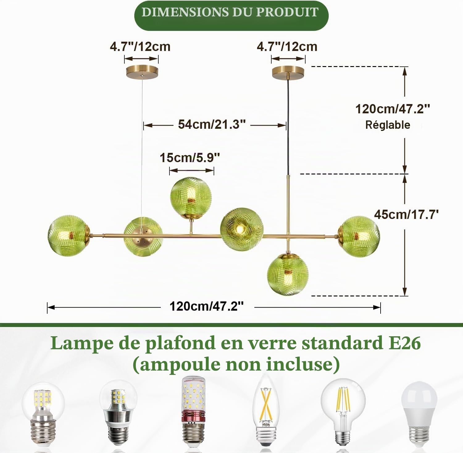 KCO Lighting Lustre doré moderne linéaire à 6 lumières pour îlot de cuisine, hauteur réglable en forme de globe en verre gris fumé
