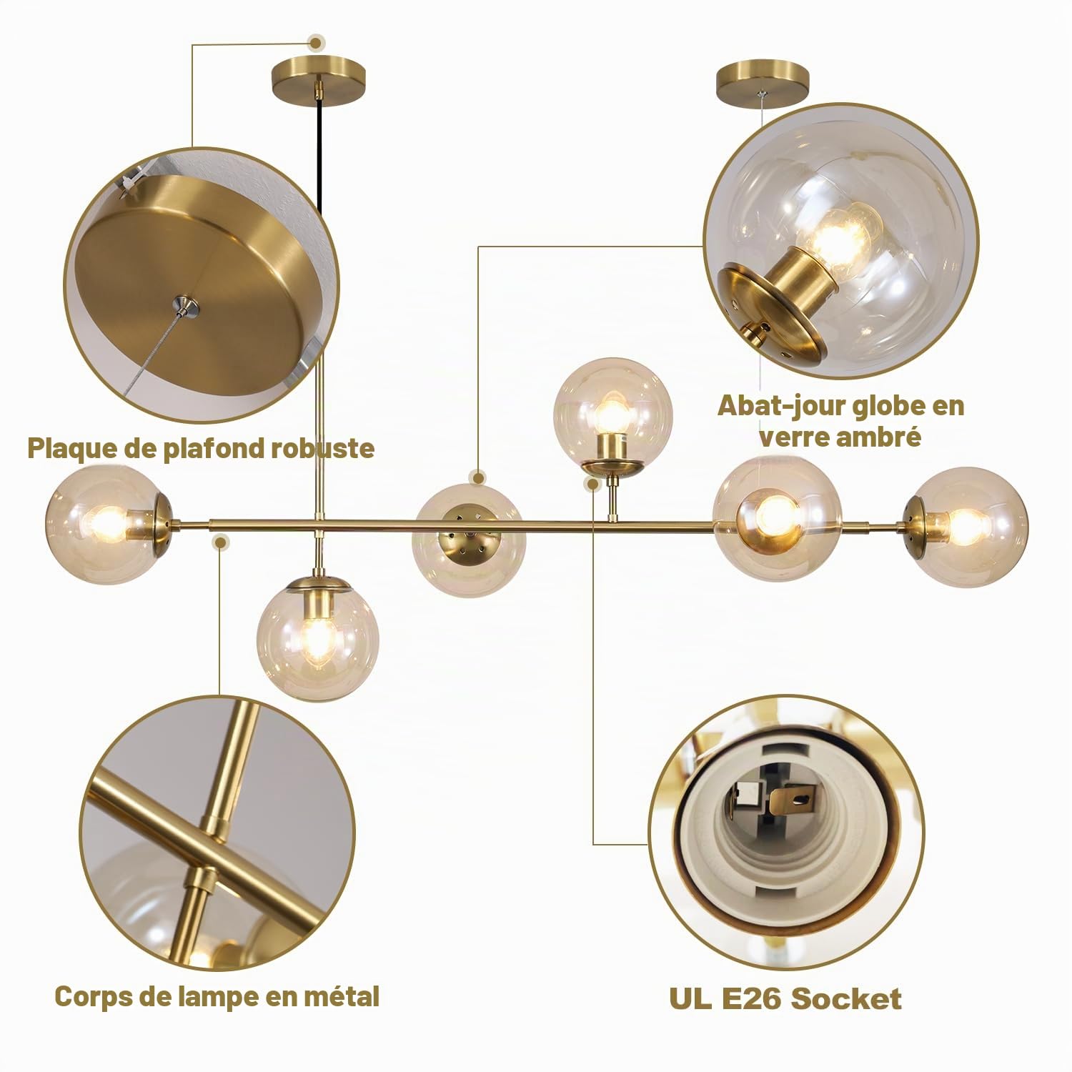KCO Lighting Lustre doré moderne linéaire à 6 lumières pour îlot de cuisine, hauteur réglable en forme de globe en verre gris fumé