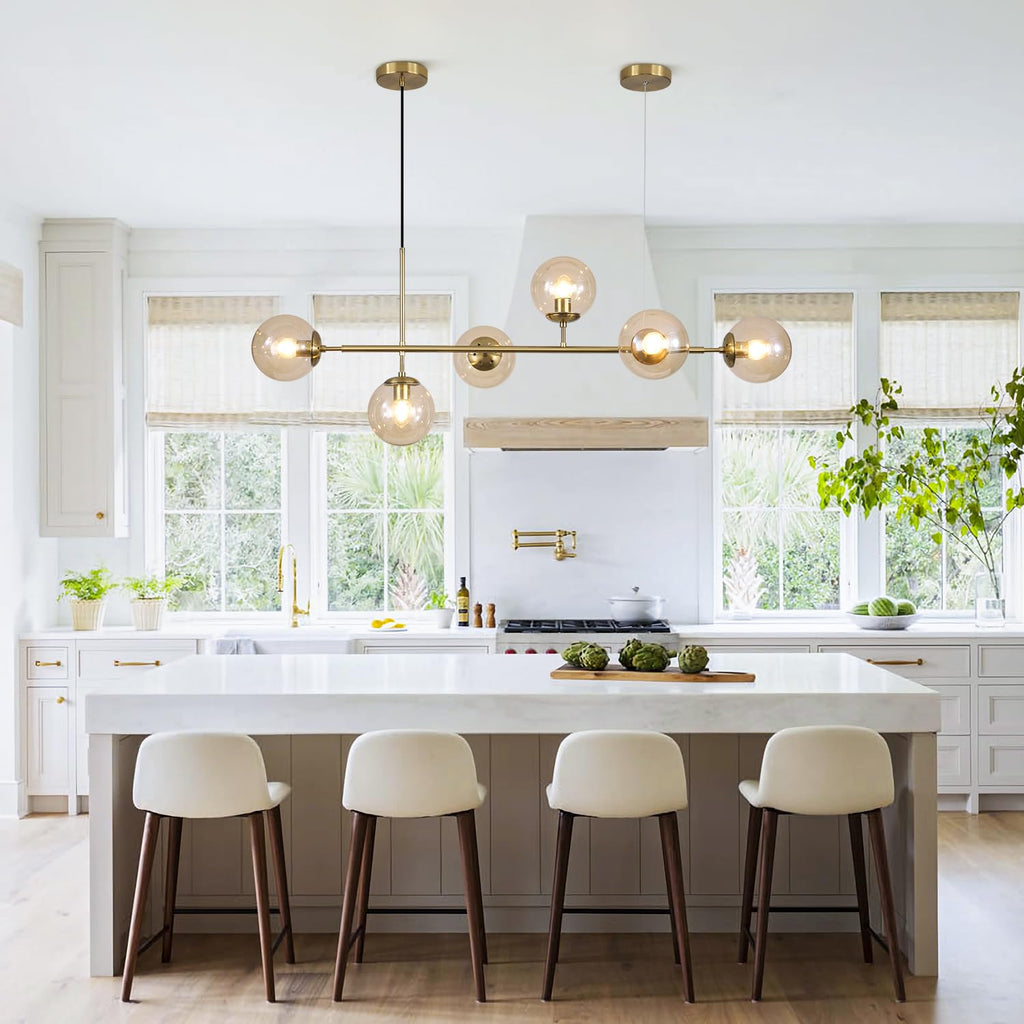 KCO Lighting Lustre doré moderne linéaire à 6 lumières pour îlot de cuisine, hauteur réglable en forme de globe en verre gris fumé