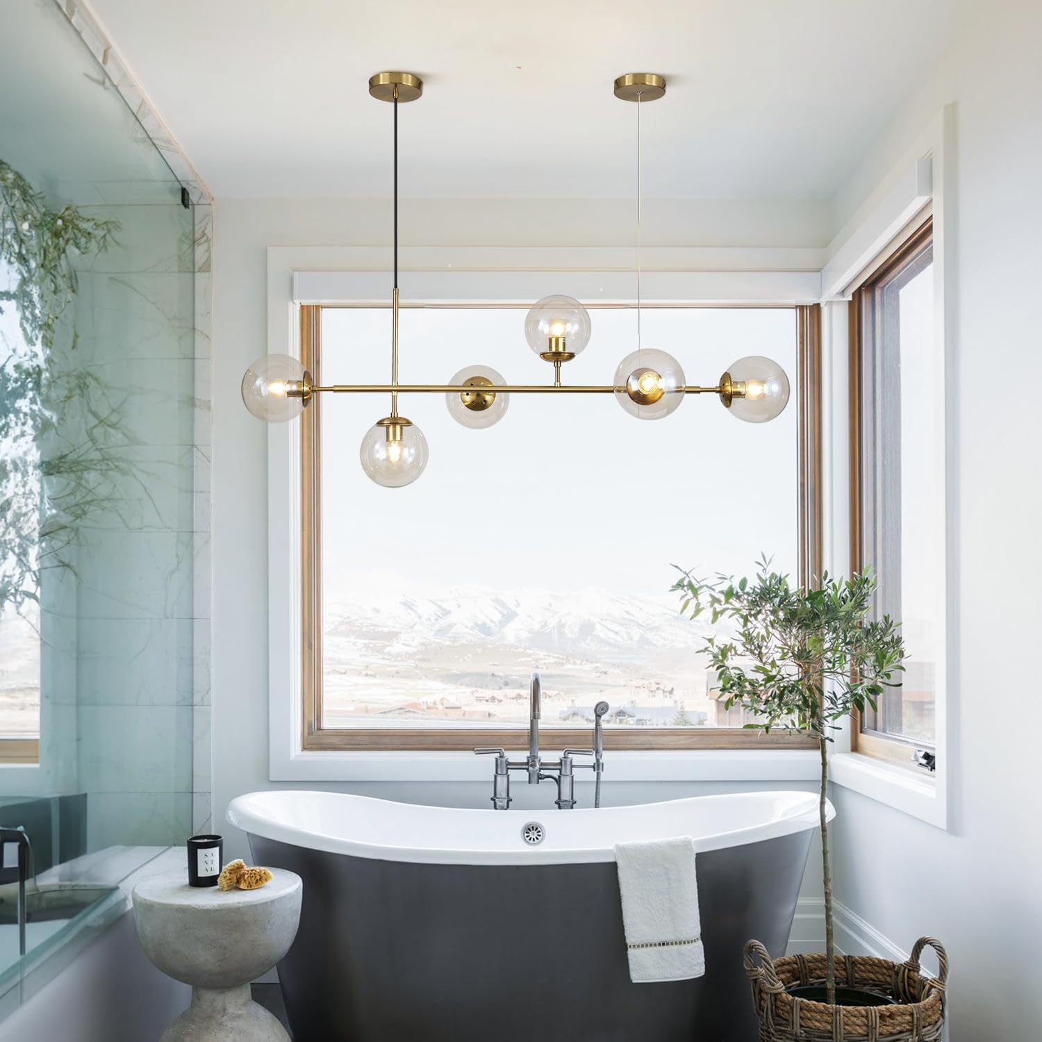 KCO Lighting Lustre doré moderne linéaire à 6 lumières pour îlot de cuisine, hauteur réglable en forme de globe en verre gris fumé