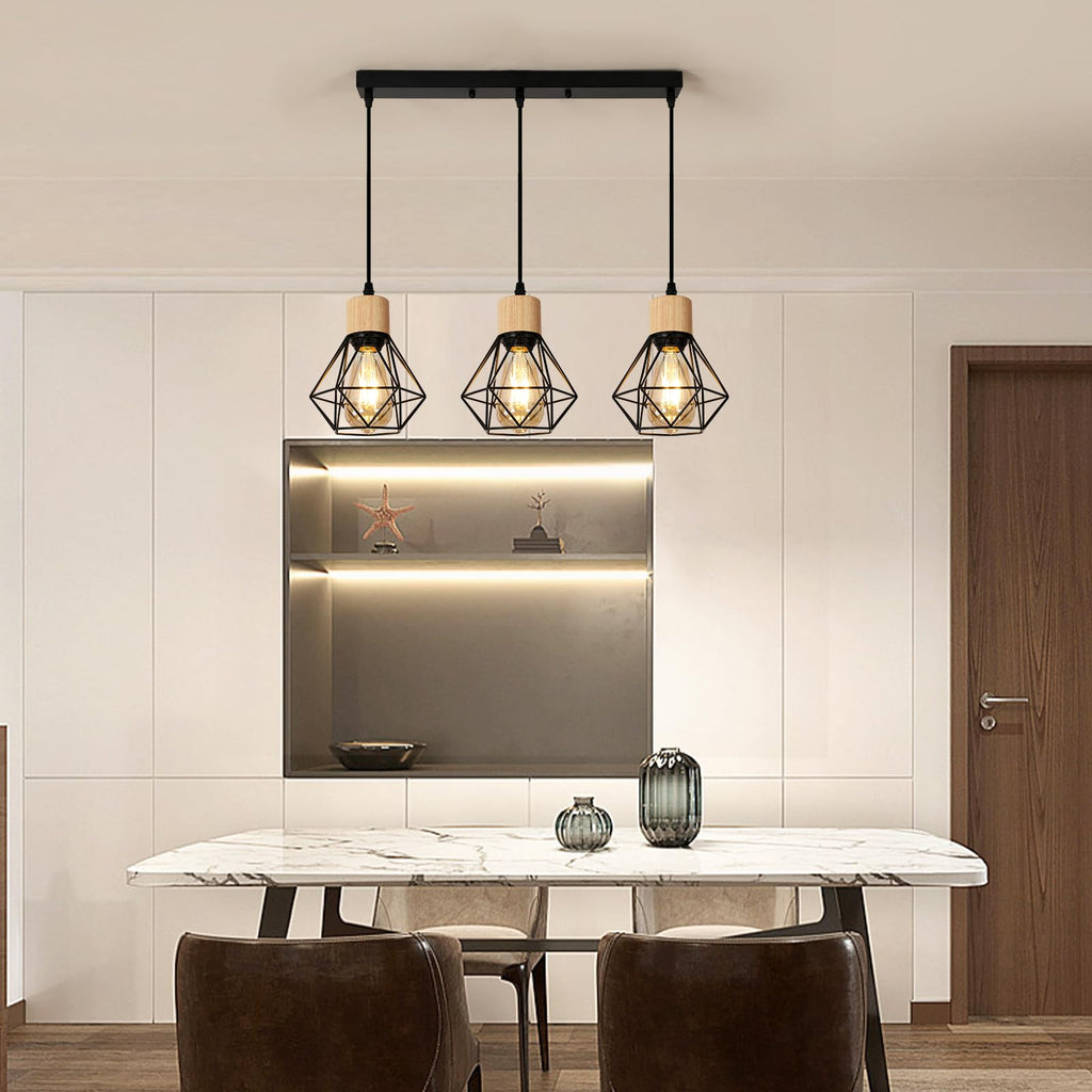 Suspension Bois Industriel 4 Lumières E27 Réglable