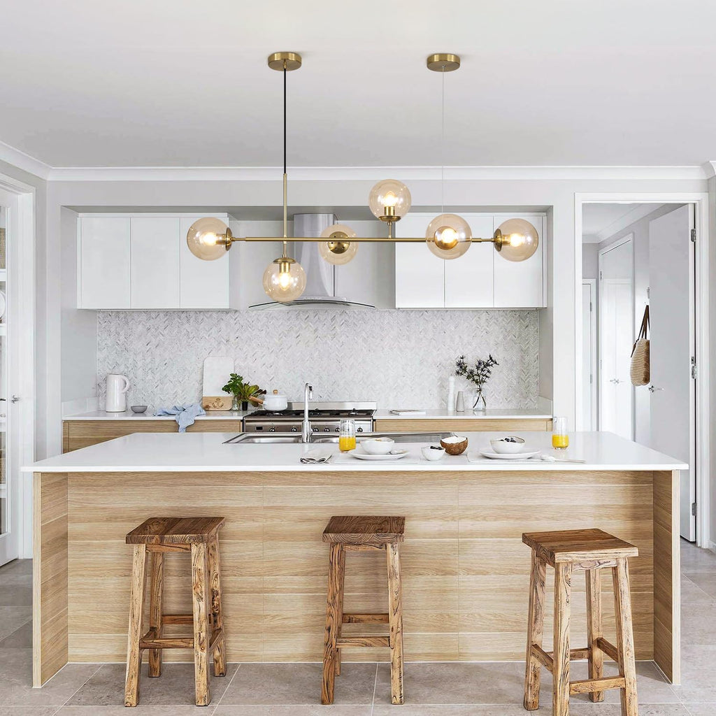 KCO Lighting Lustre doré moderne linéaire à 6 lumières pour îlot de cuisine, hauteur réglable en forme de globe en verre gris fumé