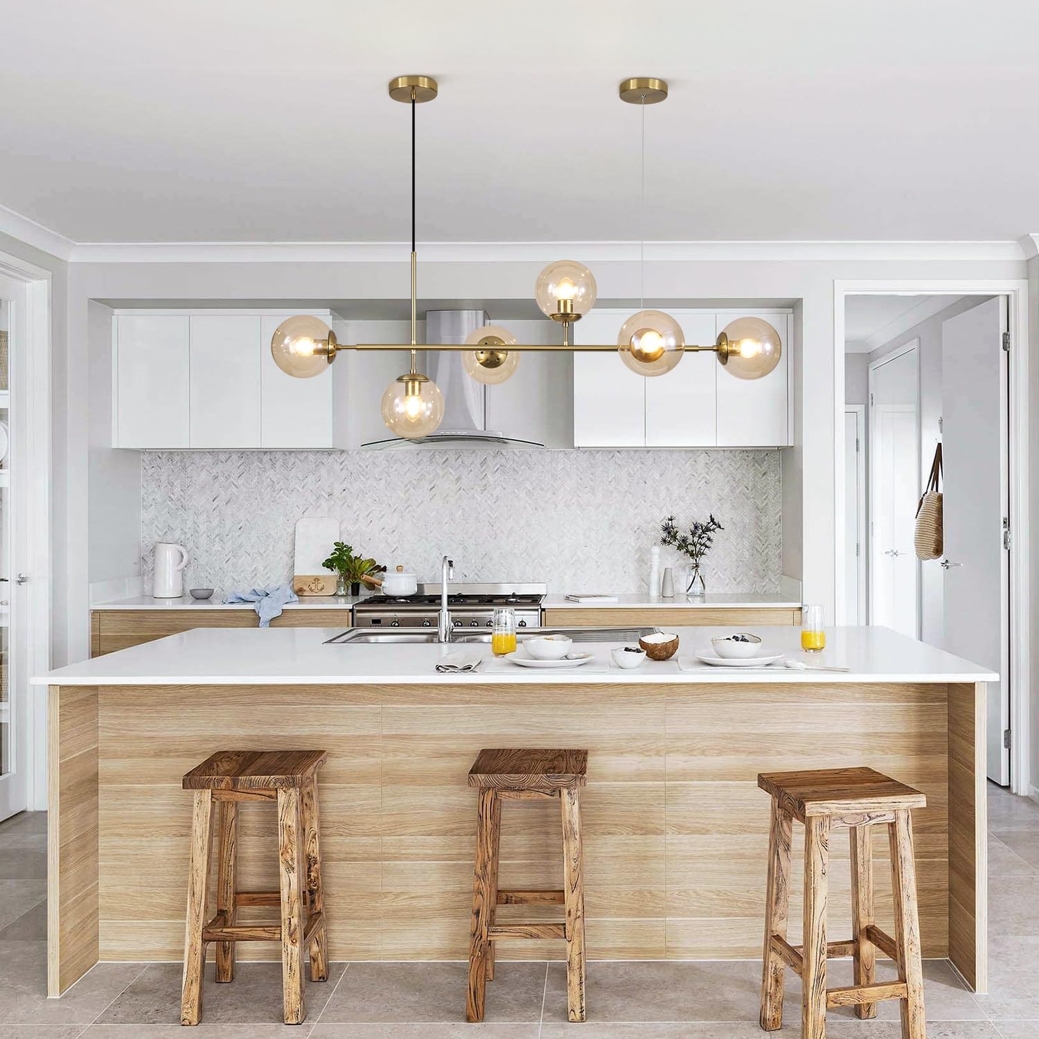 KCO Lighting Lustre doré moderne linéaire à 6 lumières pour îlot de cuisine, hauteur réglable en forme de globe en verre gris fumé