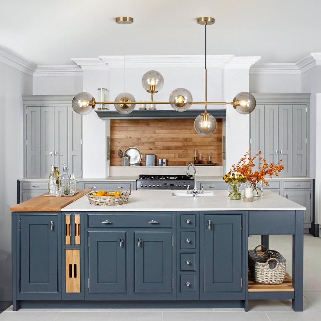 KCO Lighting Lustre doré moderne linéaire à 6 lumières pour îlot de cuisine, hauteur réglable en forme de globe en verre gris fumé