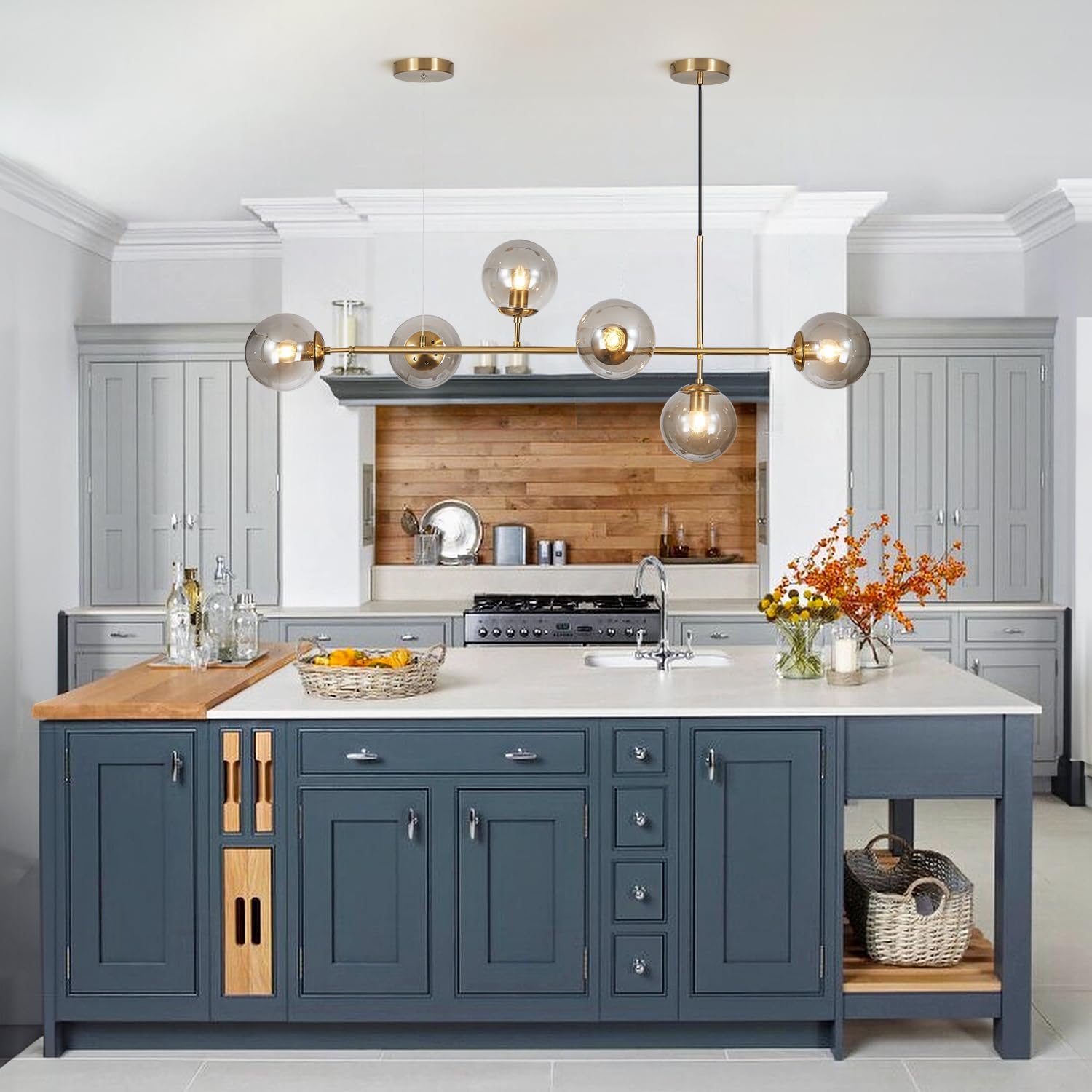 KCO Lighting Lustre doré moderne linéaire à 6 lumières pour îlot de cuisine, hauteur réglable en forme de globe en verre gris fumé