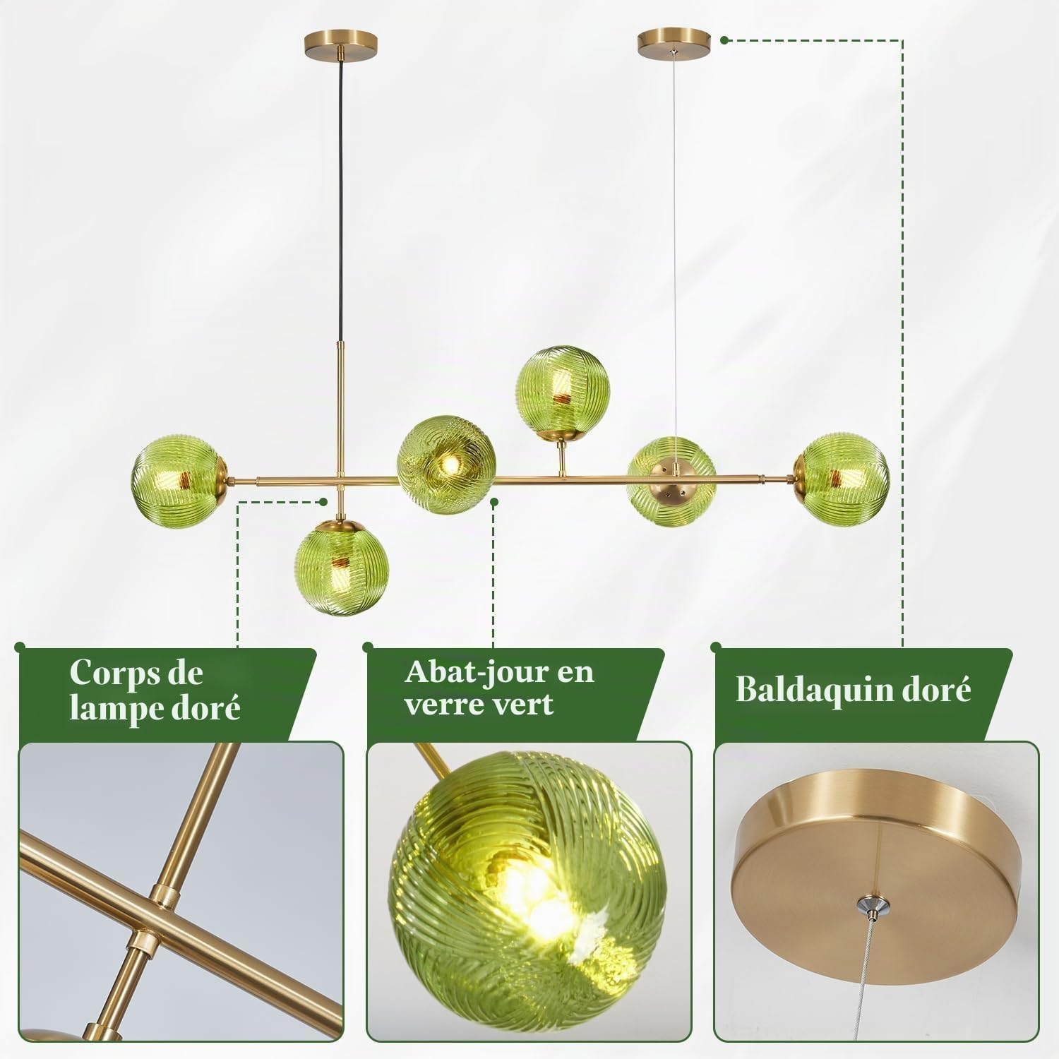 KCO Lighting Lustre doré moderne linéaire à 6 lumières pour îlot de cuisine, hauteur réglable en forme de globe en verre gris fumé