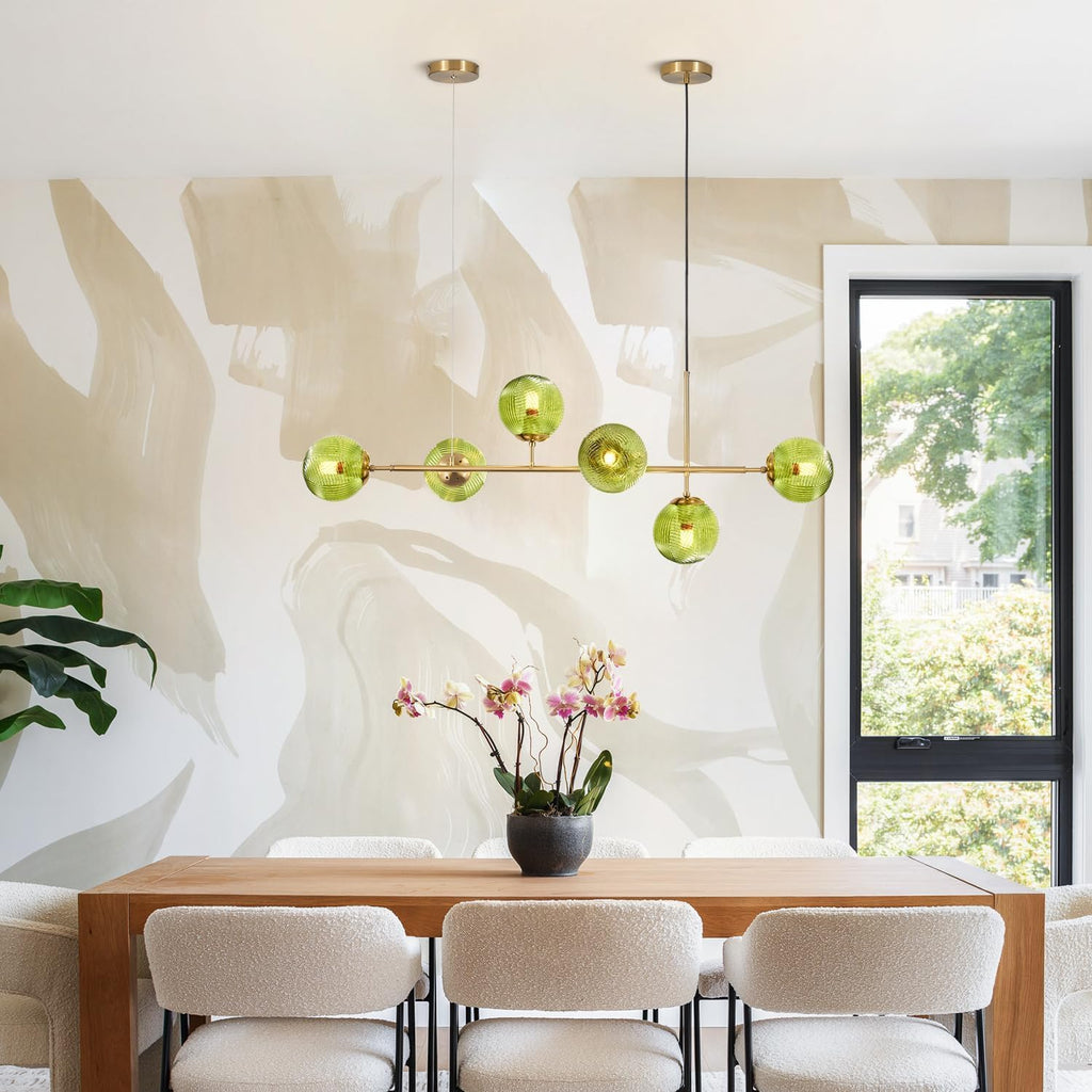 KCO Lighting Lustre doré moderne linéaire à 6 lumières pour îlot de cuisine, hauteur réglable en forme de globe en verre gris fumé