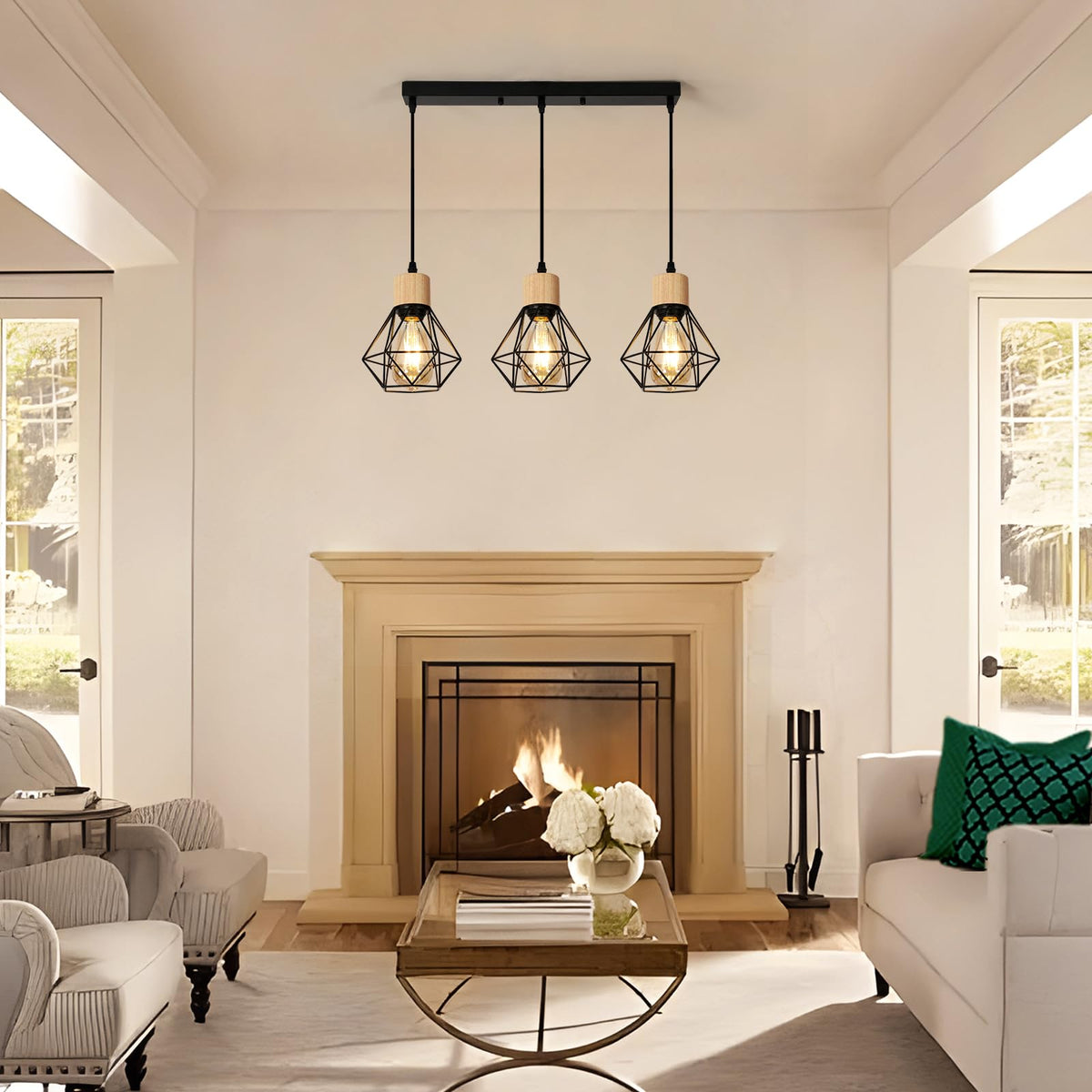 Suspension Bois Industriel 4 Lumières E27 Réglable