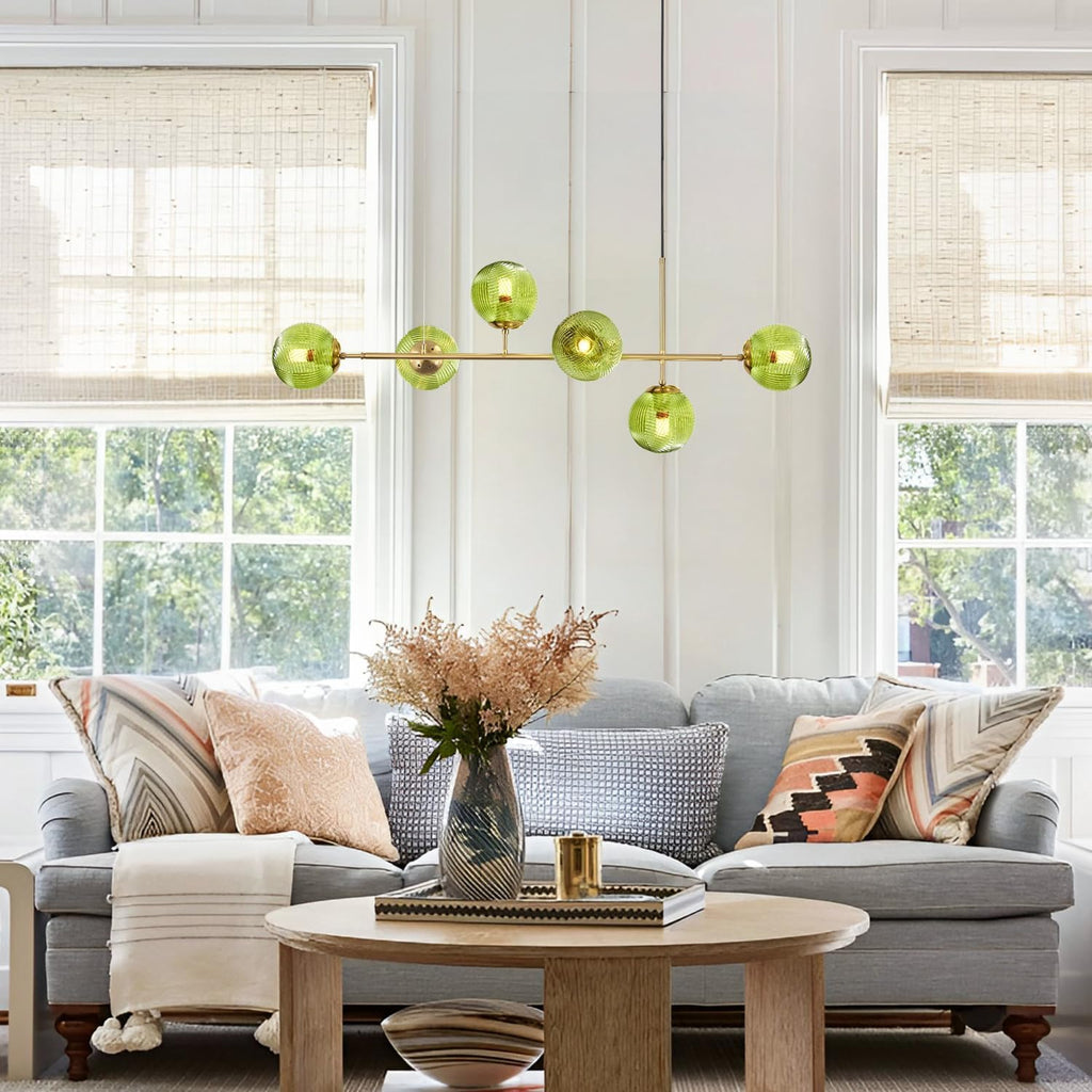 KCO Lighting Lustre doré moderne linéaire à 6 lumières pour îlot de cuisine, hauteur réglable en forme de globe en verre gris fumé