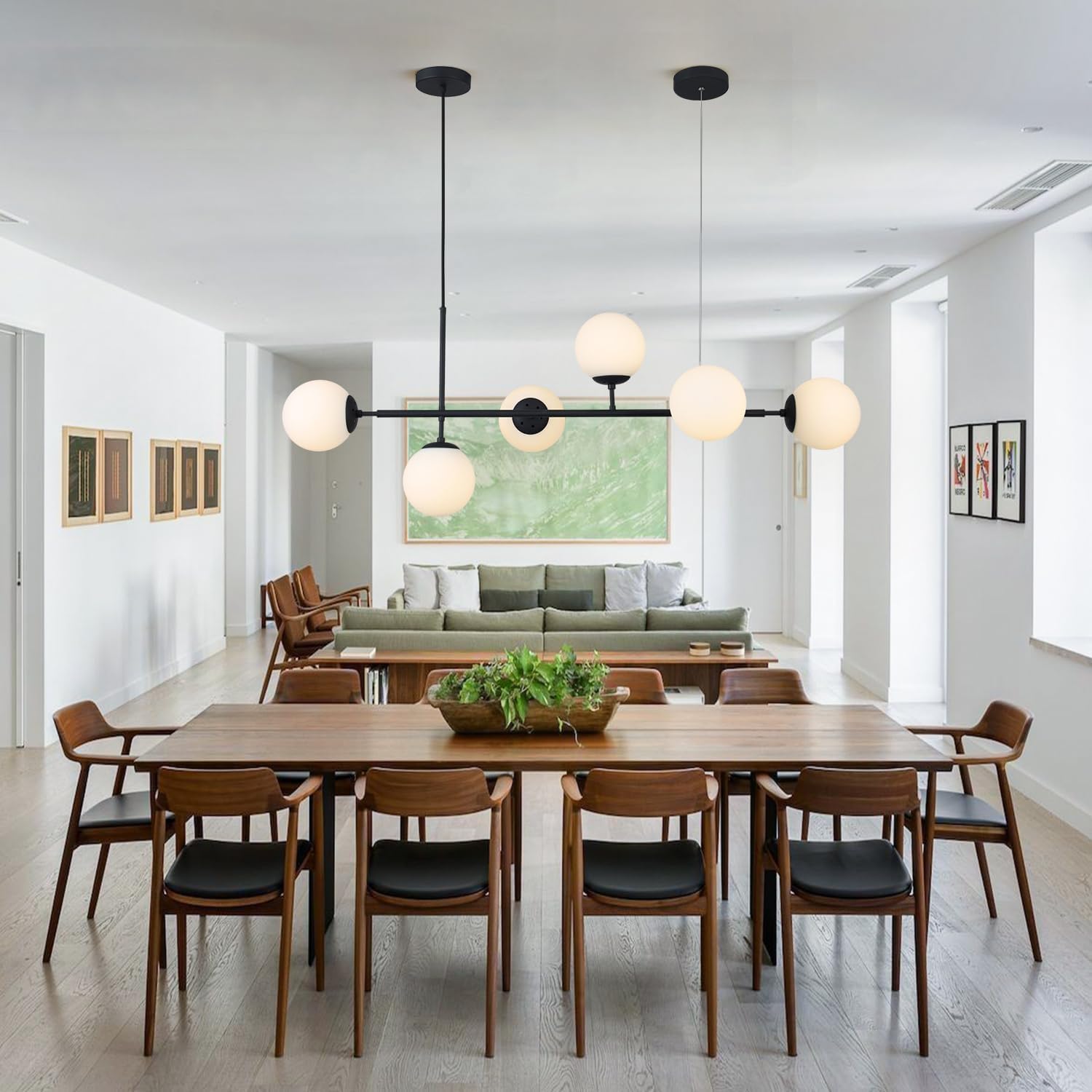 KCO Lighting Lustre doré moderne linéaire à 6 lumières pour îlot de cuisine, hauteur réglable en forme de globe en verre gris fumé