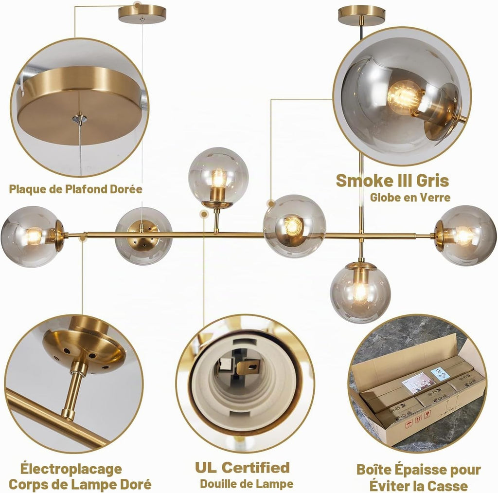 KCO Lighting Lustre doré moderne linéaire à 6 lumières pour îlot de cuisine, hauteur réglable en forme de globe en verre gris fumé