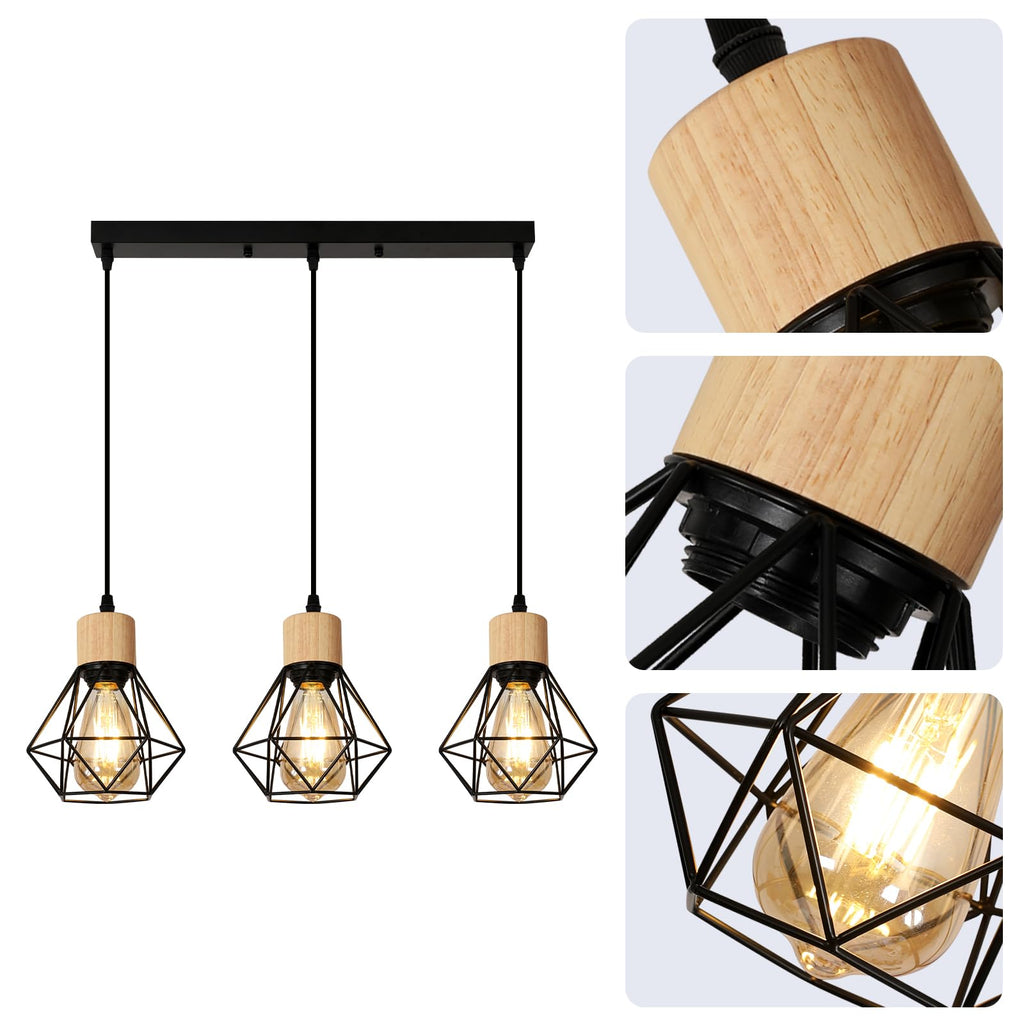 Suspension Bois Industriel 4 Lumières E27 Réglable