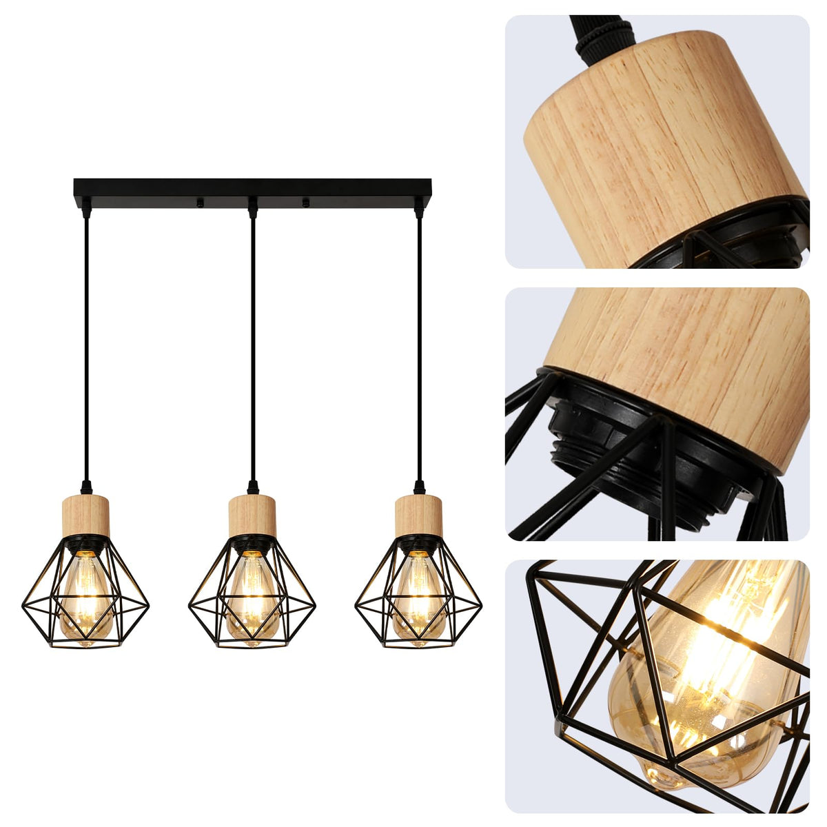Suspension Bois Industriel 4 Lumières E27 Réglable