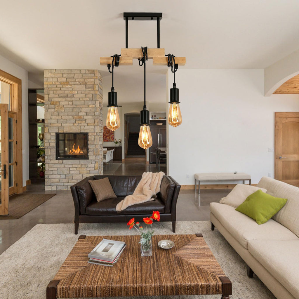 Suspension Bois Industriel 4 Lumières E27 Réglable
