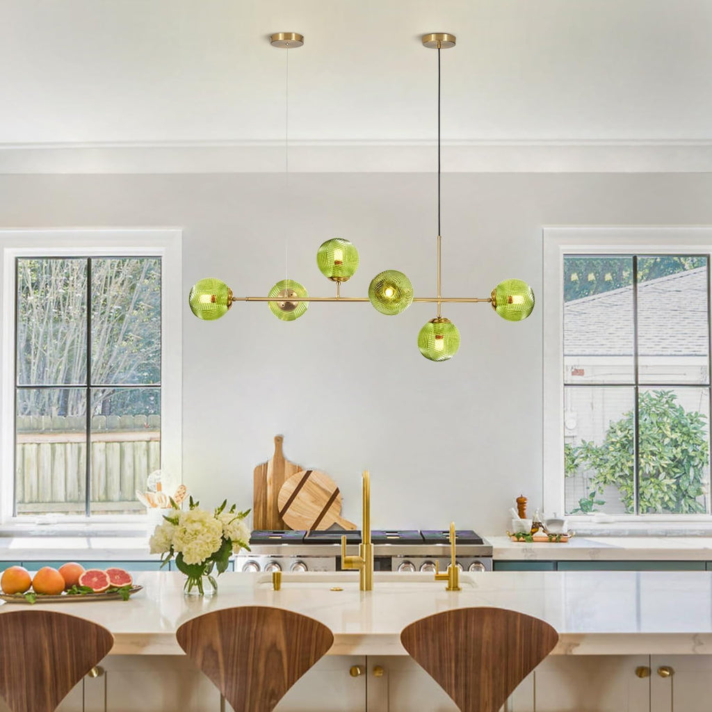 KCO Lighting Lustre doré moderne linéaire à 6 lumières pour îlot de cuisine, hauteur réglable en forme de globe en verre gris fumé