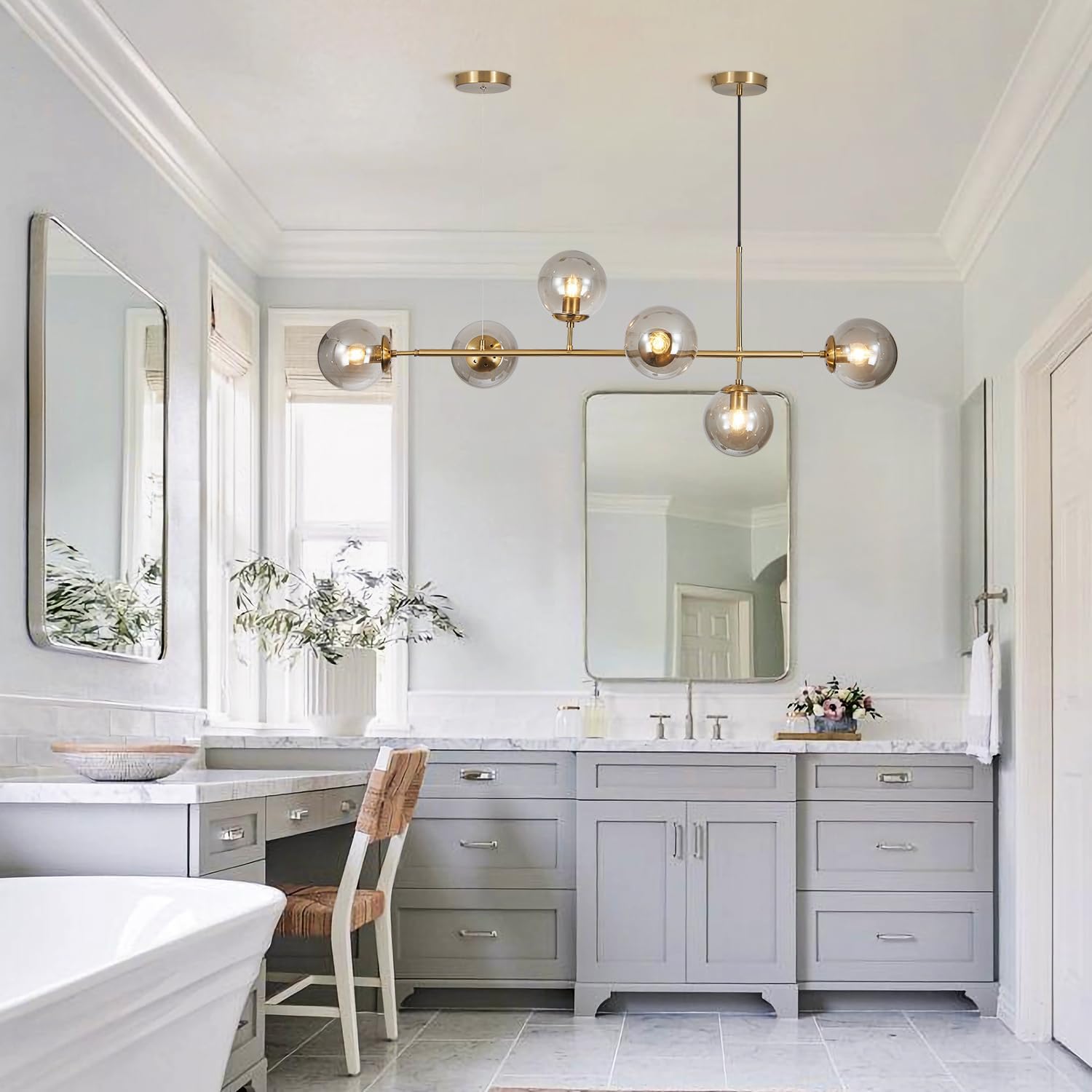 KCO Lighting Lustre doré moderne linéaire à 6 lumières pour îlot de cuisine, hauteur réglable en forme de globe en verre gris fumé