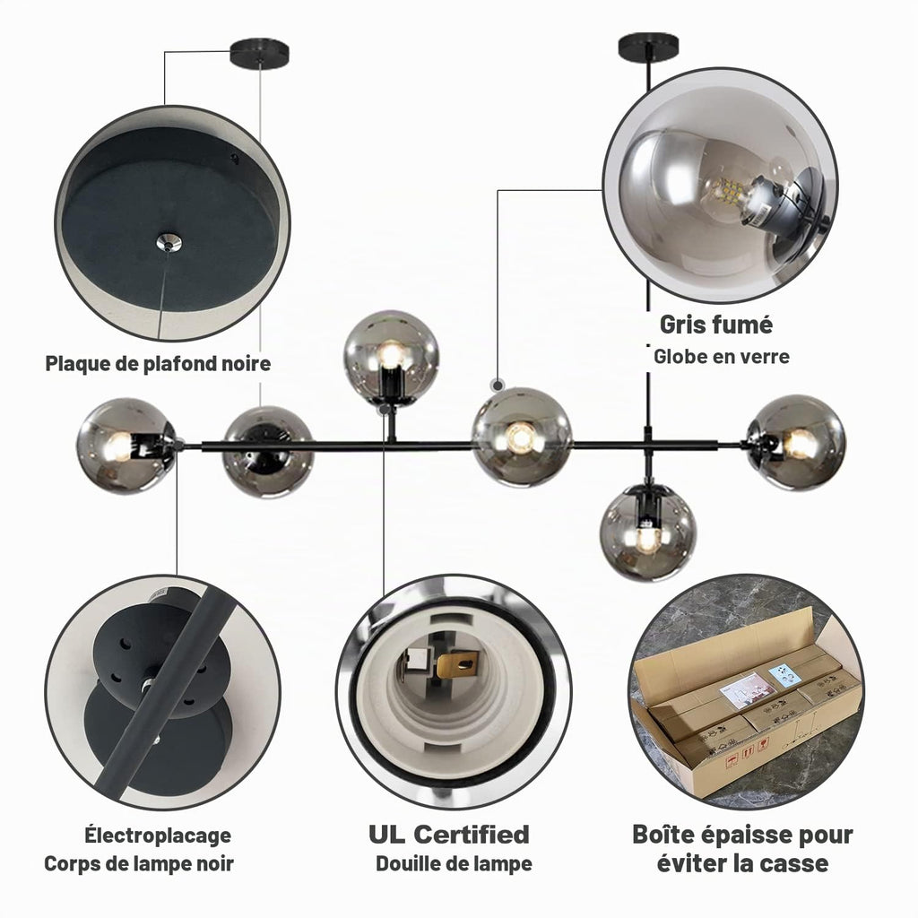 KCO Lighting Lustre doré moderne linéaire à 6 lumières pour îlot de cuisine, hauteur réglable en forme de globe en verre gris fumé