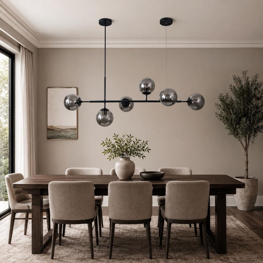 KCO Lighting Lustre doré moderne linéaire à 6 lumières pour îlot de cuisine, hauteur réglable en forme de globe en verre gris fumé