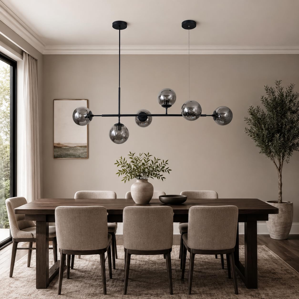 KCO Lighting Lustre doré moderne linéaire à 6 lumières pour îlot de cuisine, hauteur réglable en forme de globe en verre gris fumé