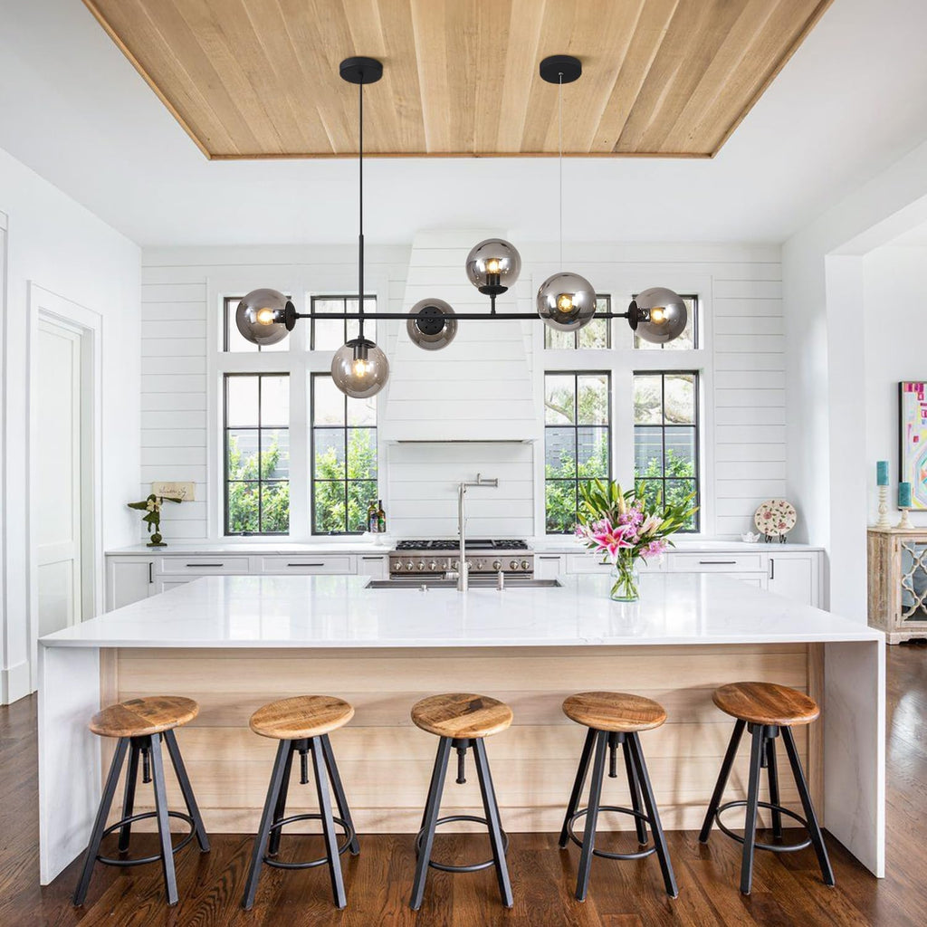 KCO Lighting Lustre doré moderne linéaire à 6 lumières pour îlot de cuisine, hauteur réglable en forme de globe en verre gris fumé