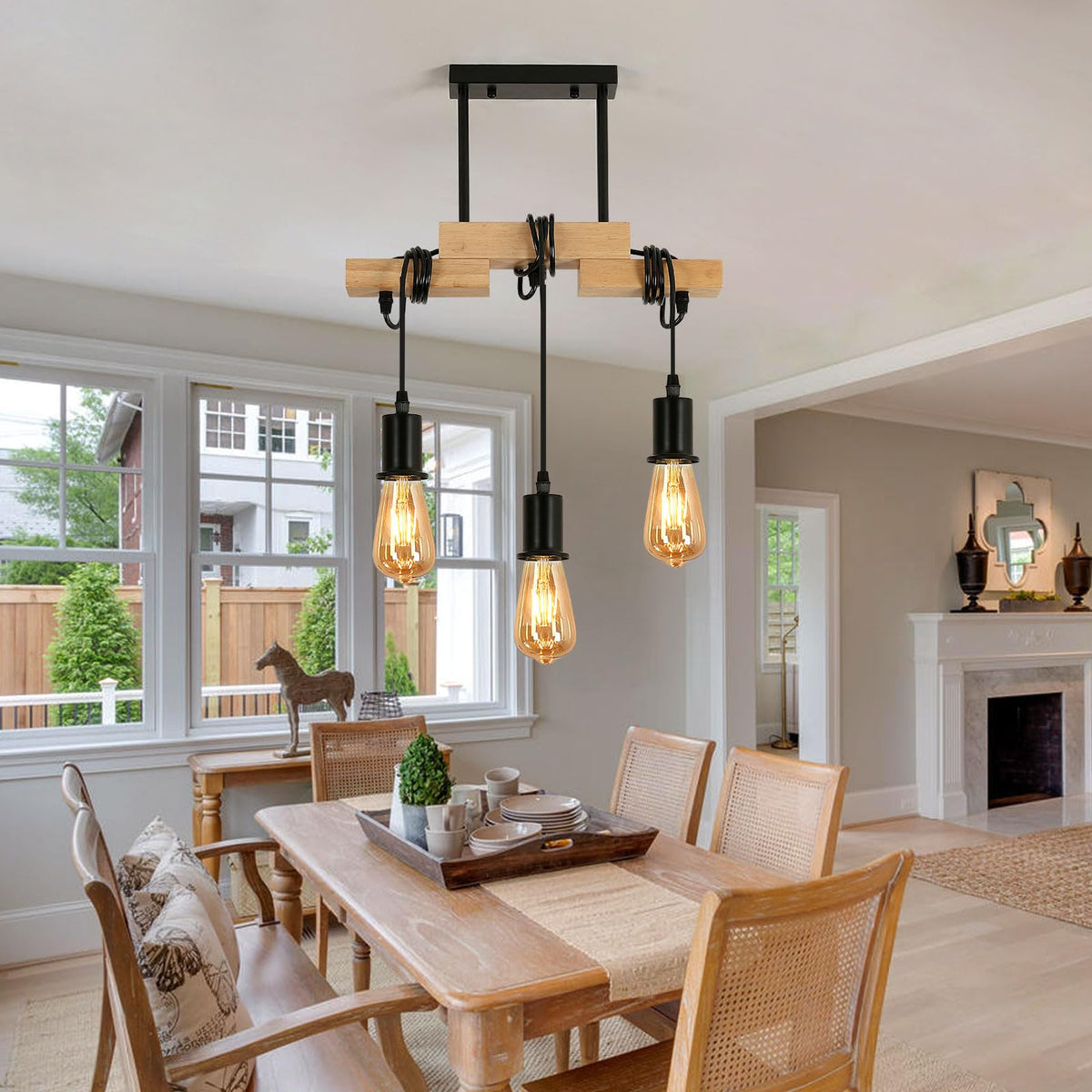 Suspension Bois Industriel 4 Lumières E27 Réglable