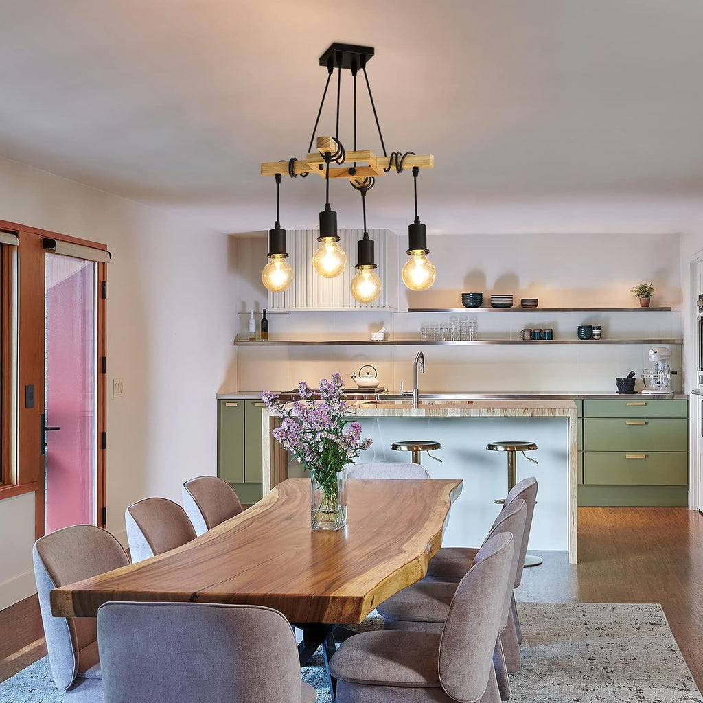 Suspension Bois Industriel 4 Lumières E27 Réglable